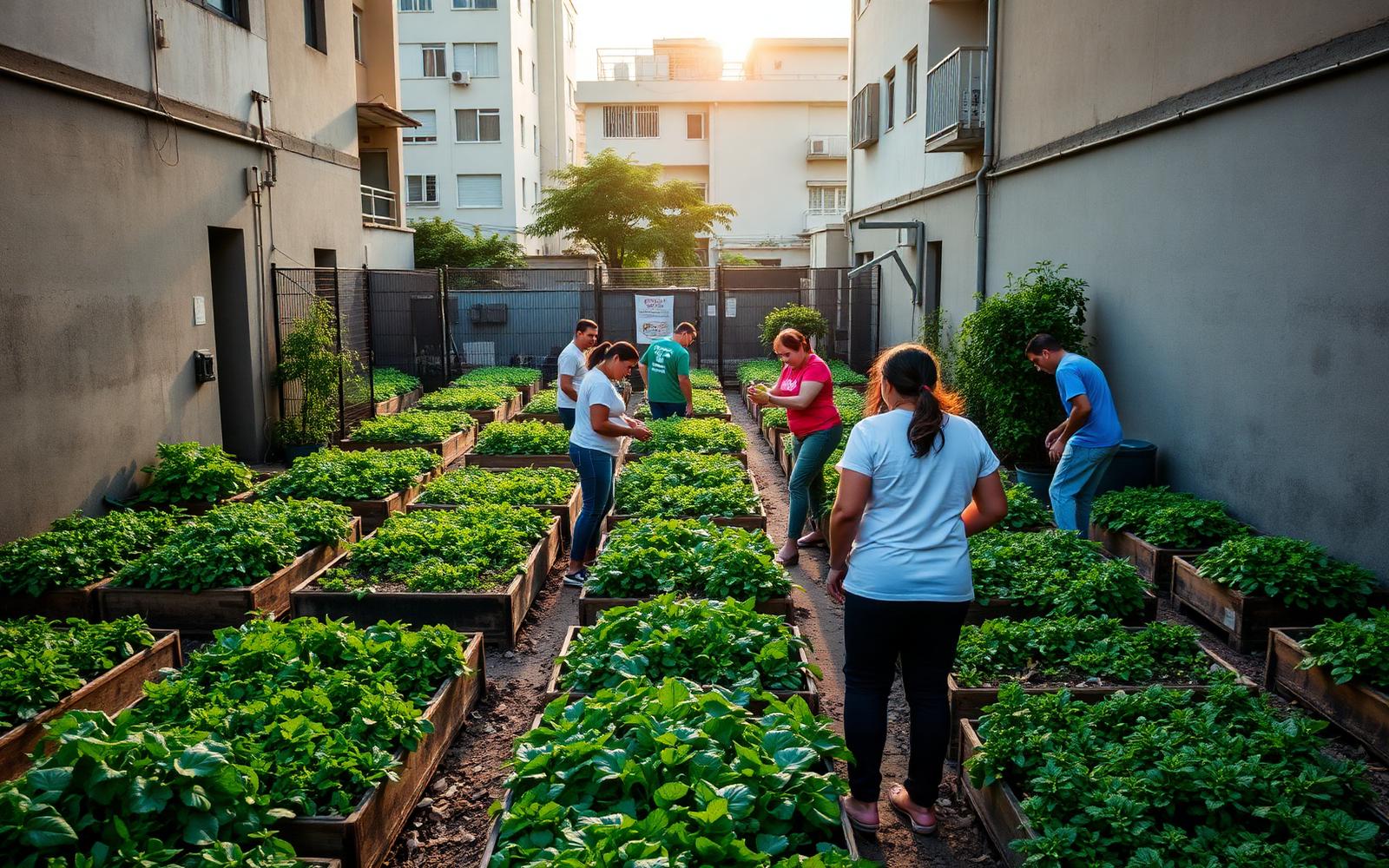 Horta urbana comunitária com pessoas trabalhando entre canteiros