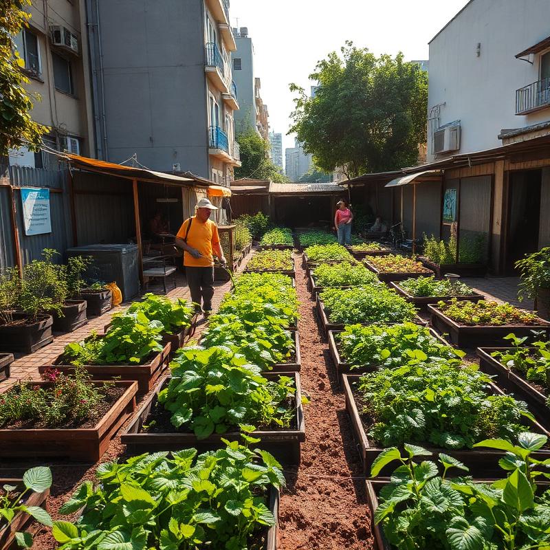 Horta urbana comunitária com canteiros entre prédios