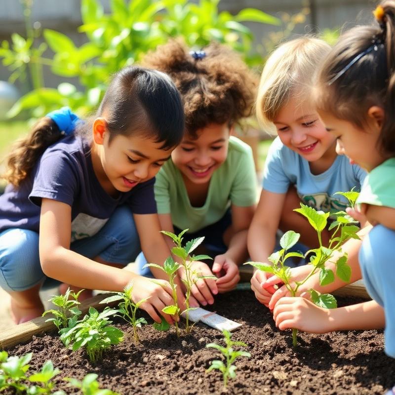 Crianças aprendendo em horta escolar